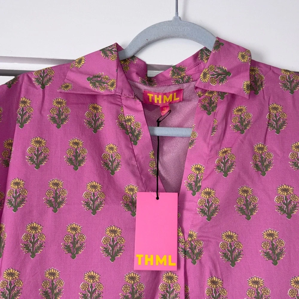 THML short-sleeve collared dress in a vibrant pink and yellow floral